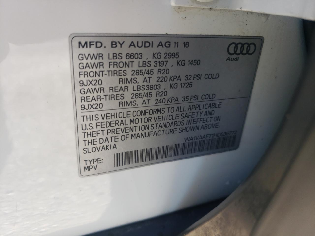 2017 Audi Q7 VIN WA1VAAF71HD035772 Copart auction photo, normal wear damage thumbnail 13