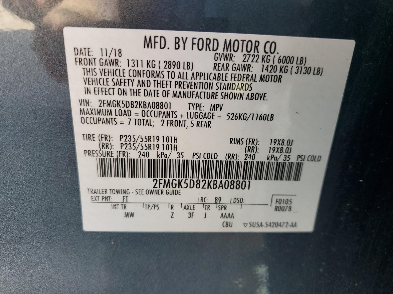 2019 Ford Flex VIN 2FMGK5D82KBA08801 Copart auction photo, front end / side damage thumbnail 15