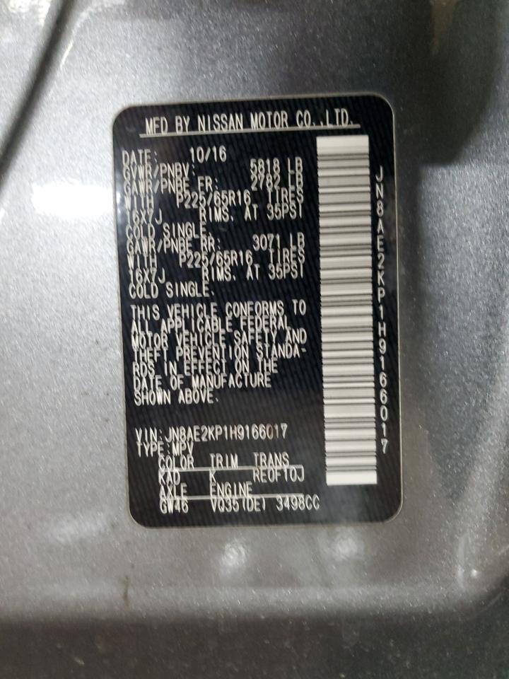 2017 Nissan Quest VIN JN8AE2KP1H9166017 Copart auction photo, front end damage thumbnail 13
