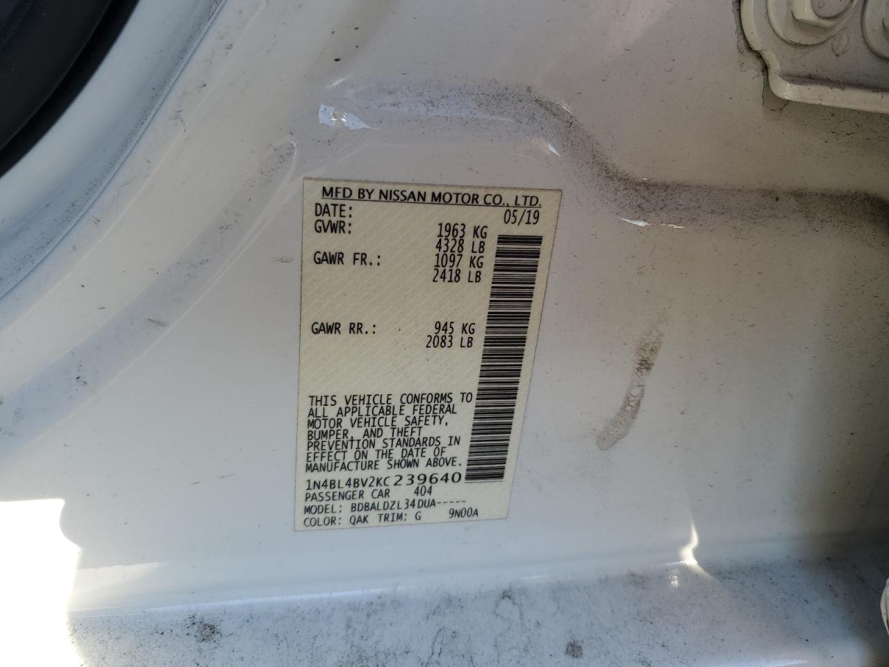2019 Nissan Altima VIN 1N4BL4BV2KC239640 Copart auction photo, rear end damage thumbnail 12