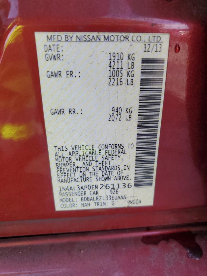 2014 Nissan Altima VIN 1N4AL3AP0EN261136 Copart auction photo, front end damage thumbnail 13