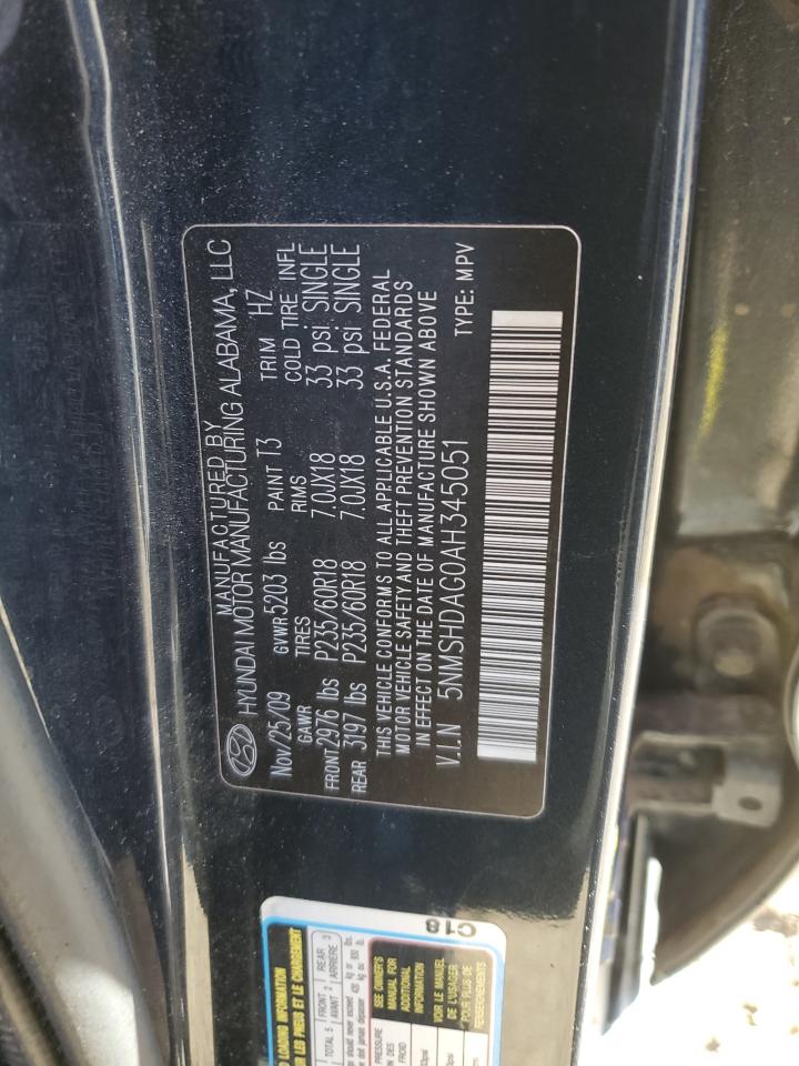 2010 Hyundai Santa Fe VIN 5NMSHDAG0AH345051 Copart auction photo, side damage thumbnail 13