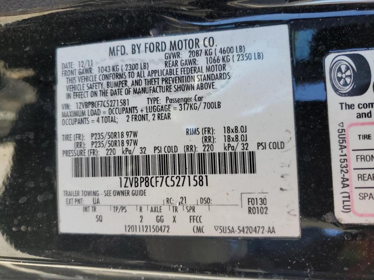 2012 Ford Mustang VIN 1ZVBP8CF7C5271581 Copart auction photo, front end damage thumbnail 13