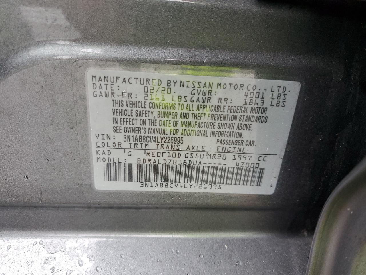 2020 Nissan Sentra VIN 3N1AB8CV4LY226995 Copart auction photo, front end / minor dent/scratches damage thumbnail 12
