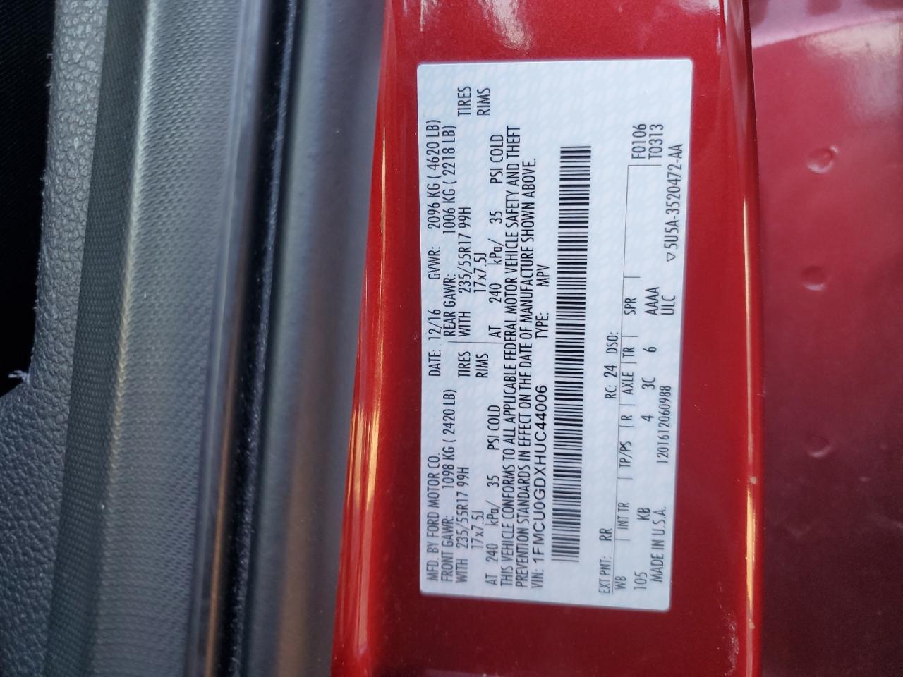 2017 Ford Escape VIN 1FMCU0GDXHUC44006 Copart auction photo, front end damage thumbnail 15