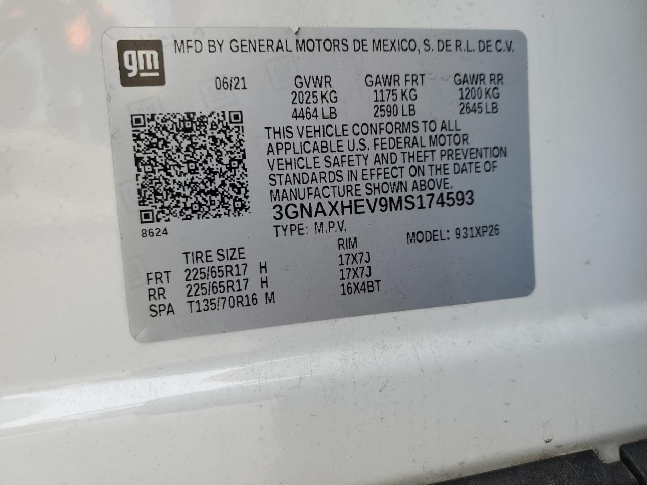 2021 Chevrolet Equinox VIN 3GNAXHEV9MS174593 Copart auction photo, side damage thumbnail 13