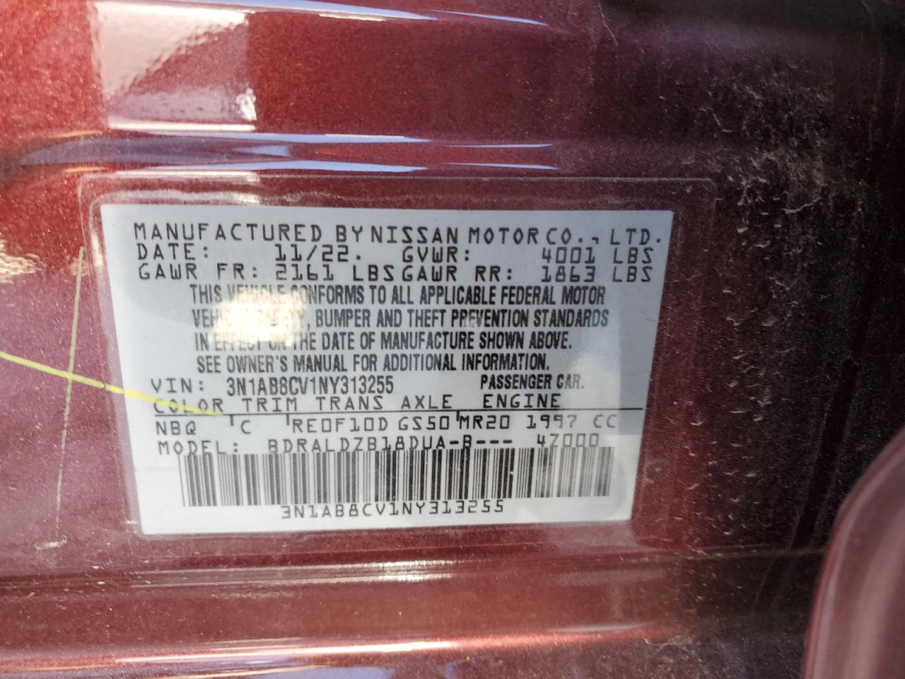 2022 Nissan Sentra VIN 3N1AB8CV1NY313255 Copart auction photo, front end damage thumbnail 12