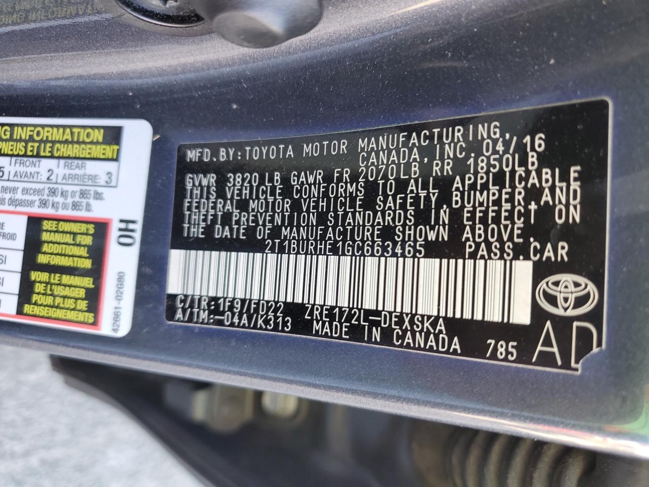 2016 Toyota Corolla VIN 2T1BURHE1GC663465 Copart auction photo, front end damage thumbnail 13