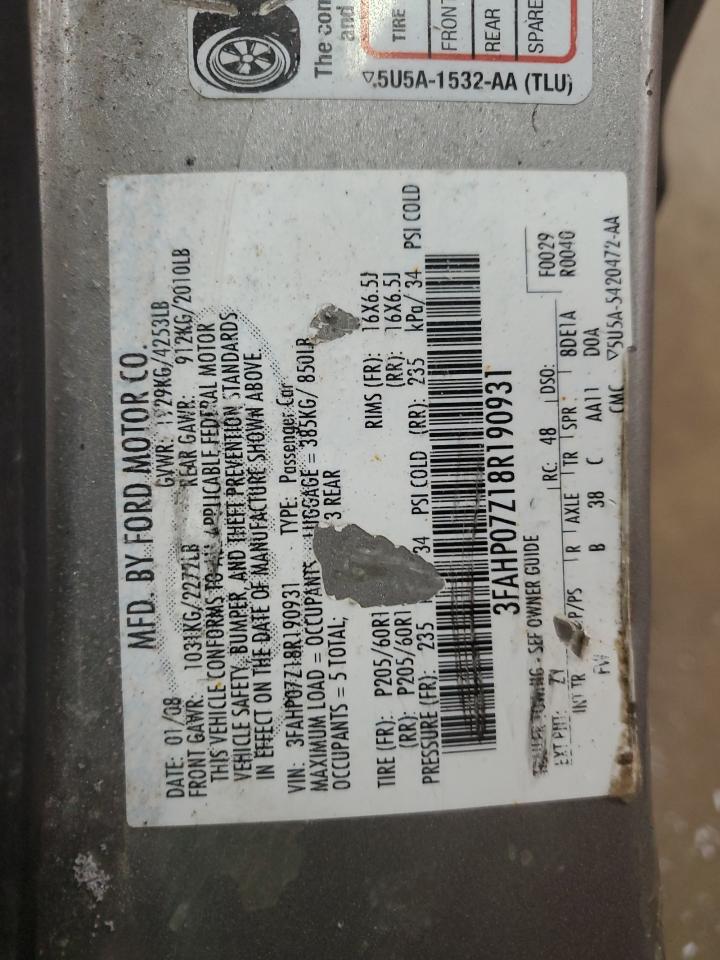 2008 Ford Fusion VIN 3FAHP07Z18R190931 Copart auction photo, front end / side damage thumbnail 12