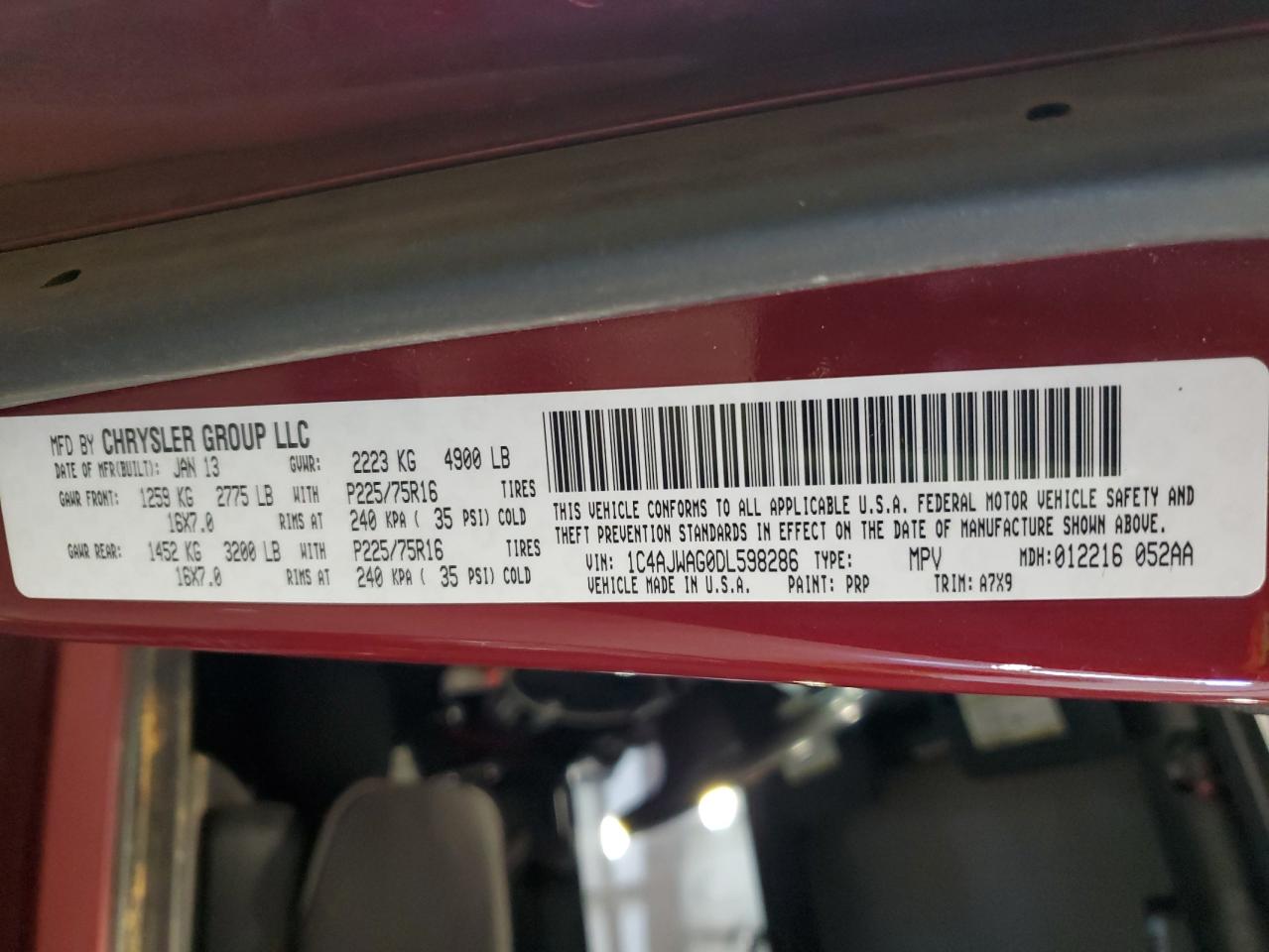 2013 Jeep Wrangler VIN 1C4AJWAG0DL598286 Copart auction photo, front end damage thumbnail 13