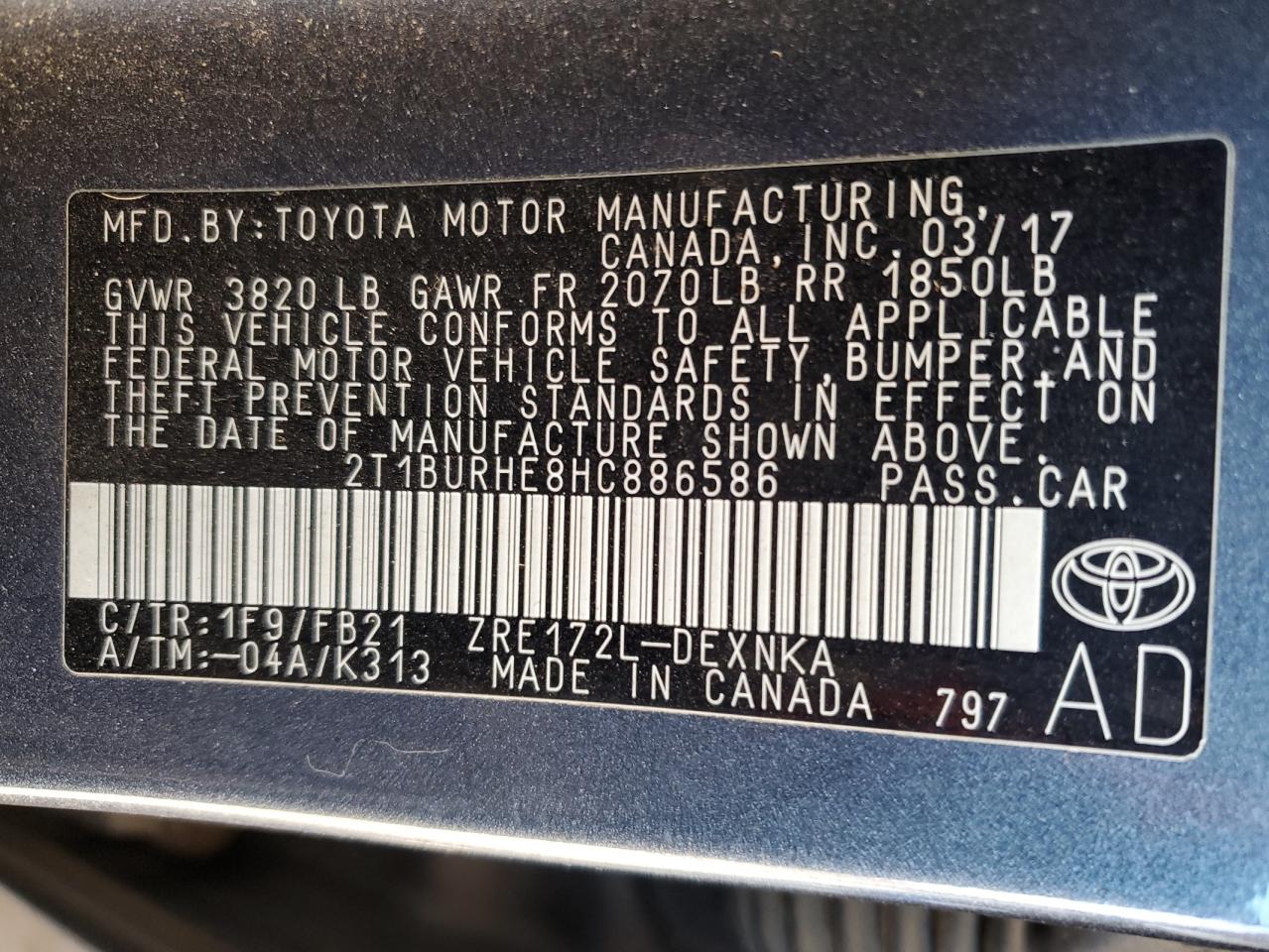 2017 Toyota Corolla VIN 2T1BURHE8HC886586 Copart auction photo, side damage thumbnail 14