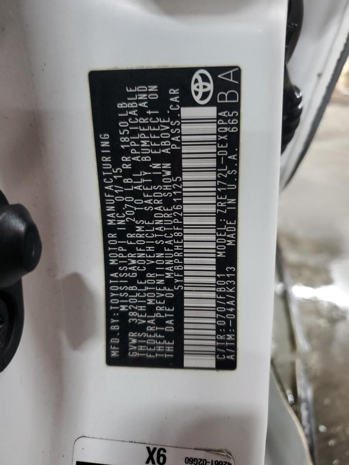 2015 Toyota Corolla VIN 5YFBPRHE8FP261125 Copart auction photo, side / front end damage thumbnail 12