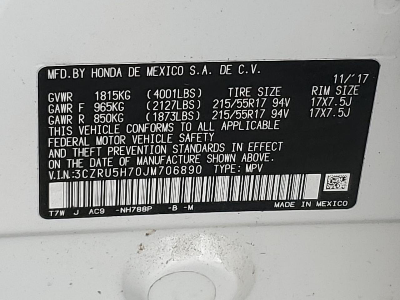 2018 Honda HR-V VIN 3CZRU5H70JM706890 Copart auction photo, rear end damage thumbnail 12