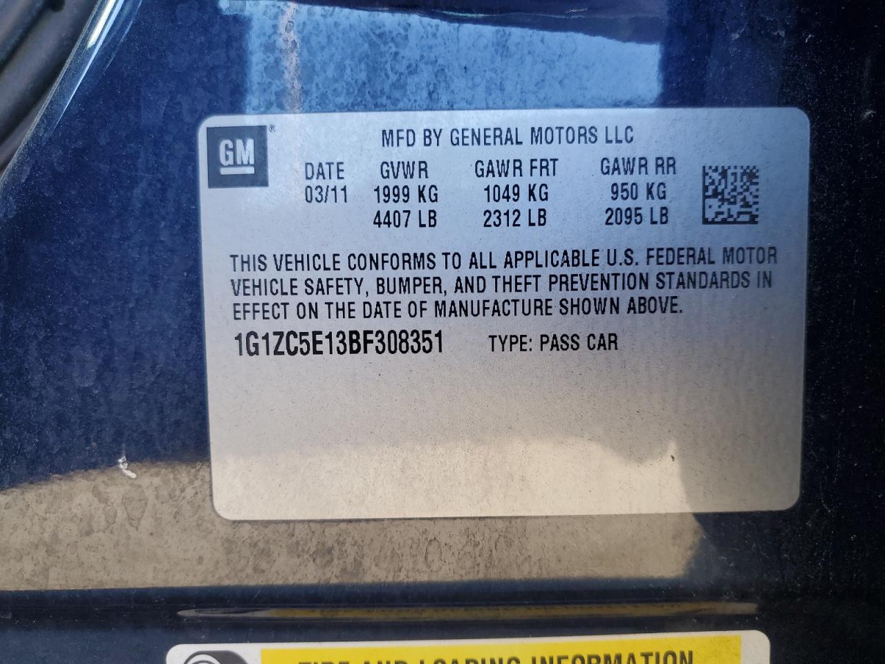 2011 Chevrolet Malibu VIN 1G1ZC5E13BF308351 Copart auction photo, front end / minor dent/scratches damage thumbnail 13