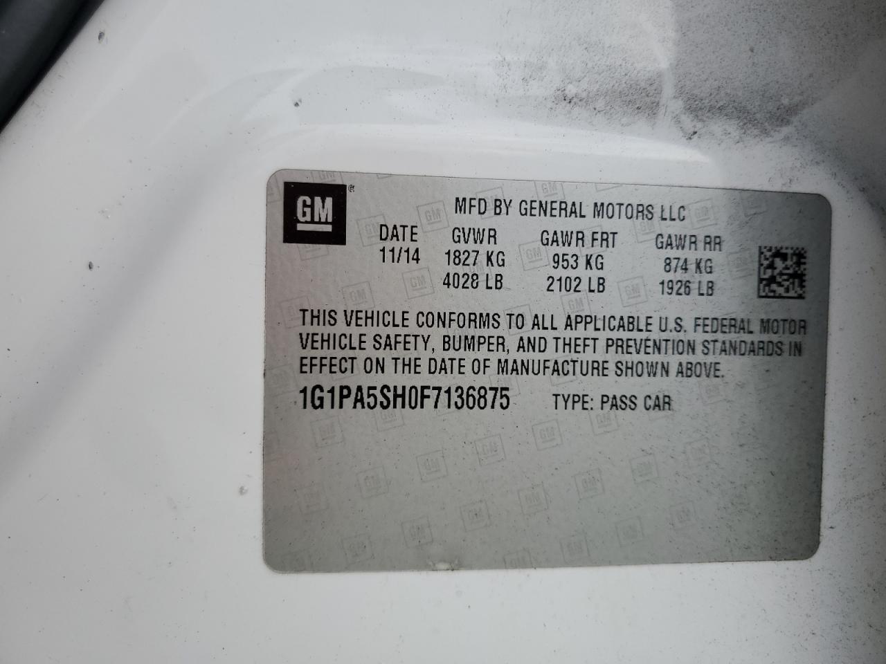 2015 Chevrolet Cruze VIN 1G1PA5SH0F7136875 Copart auction photo, rear end / minor dent/scratches damage thumbnail 12