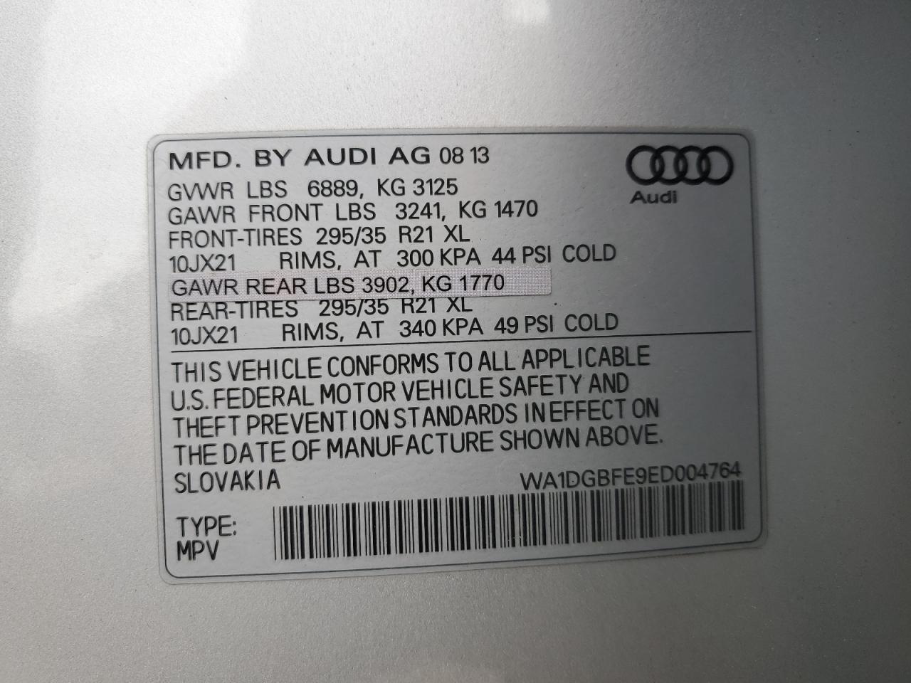 2014 Audi Q7 VIN WA1DGBFE9ED004764 Copart auction photo, side damage thumbnail 13