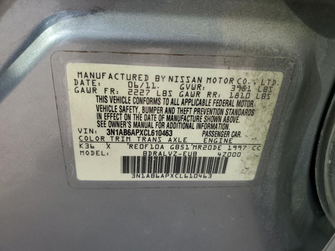 2012 Nissan Sentra VIN 3N1AB6APXCL610463 Copart auction photo, rear end damage thumbnail 12