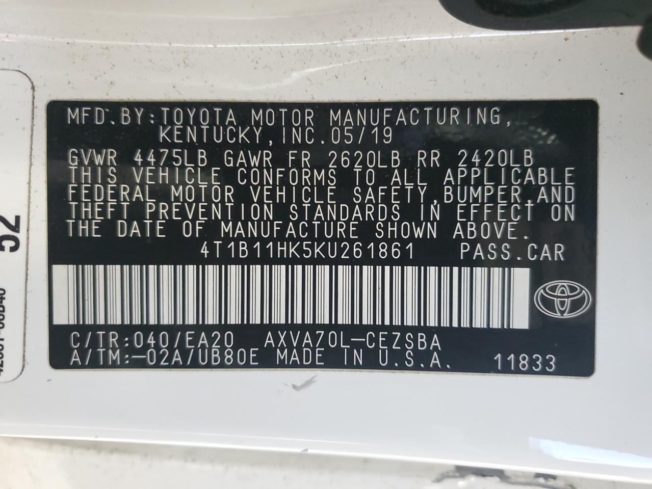2019 Toyota Camry VIN 4T1B11HK5KU261861 Copart auction photo, all over / undercarriage damage thumbnail 14