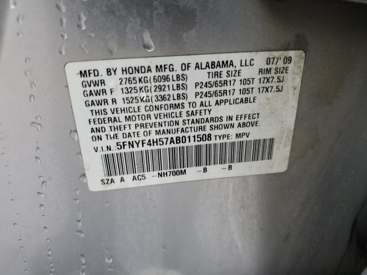 2010 Honda Pilot VIN 5FNYF4H57AB011508 Copart auction photo, front end / side damage thumbnail 12