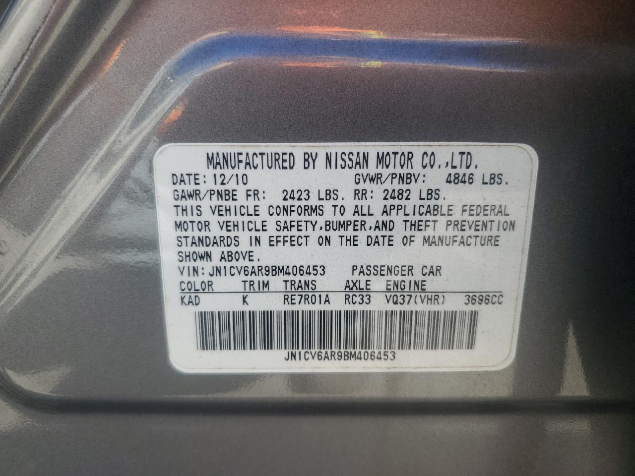 2011 Infiniti G VIN JN1CV6AR9BM406453 Copart auction photo, side damage thumbnail 12