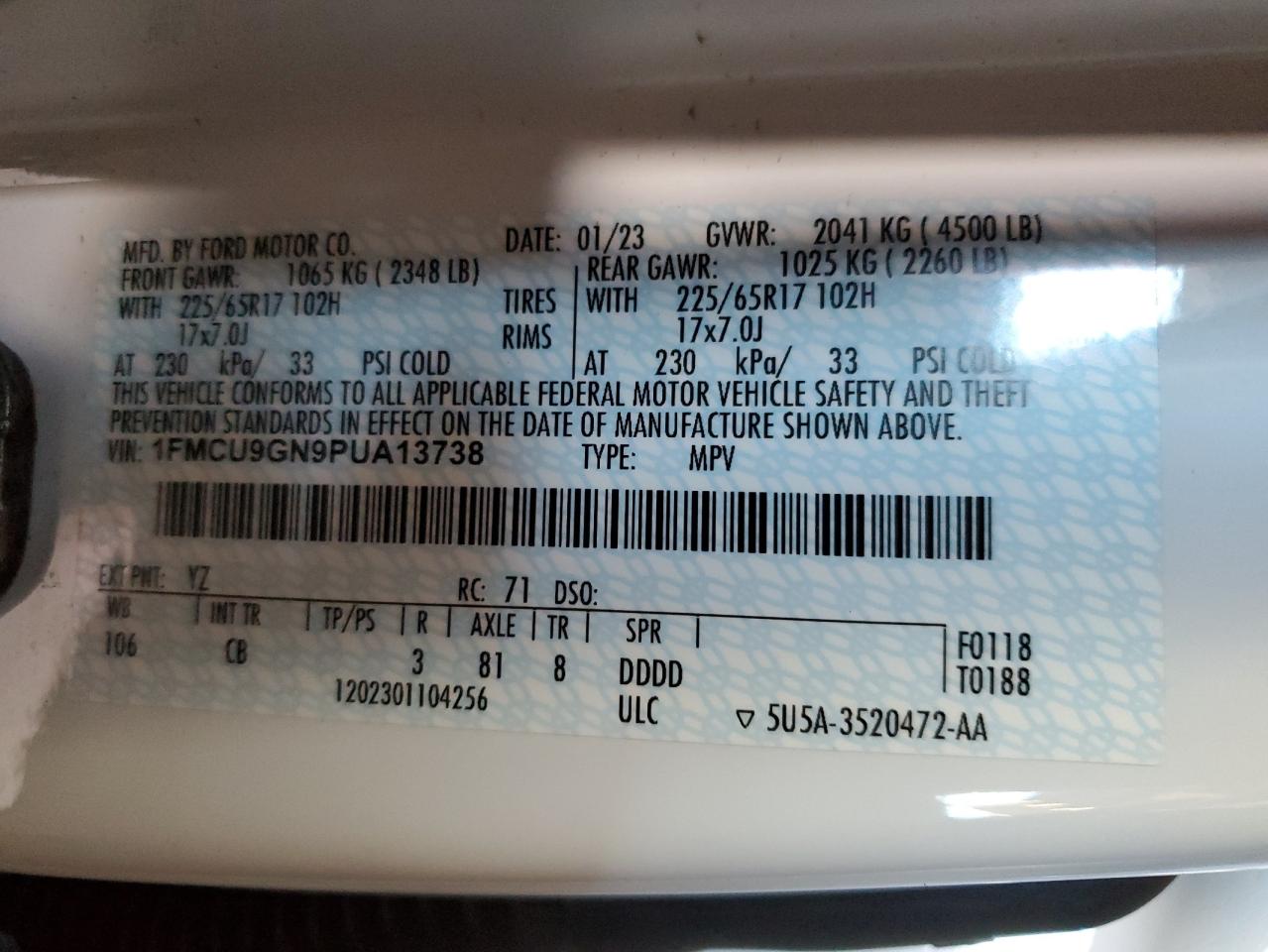 2023 Ford Escape VIN 1FMCU9GN9PUA13738 Copart auction photo, front end / front end damage thumbnail 13