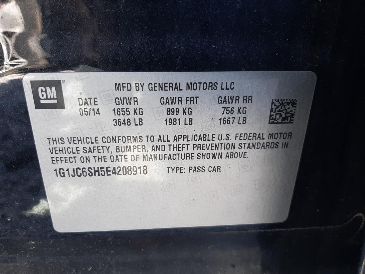 2014 Chevrolet Sonic VIN 1G1JC6SH5E4208918 Copart auction photo, water/flood / all over damage thumbnail 12