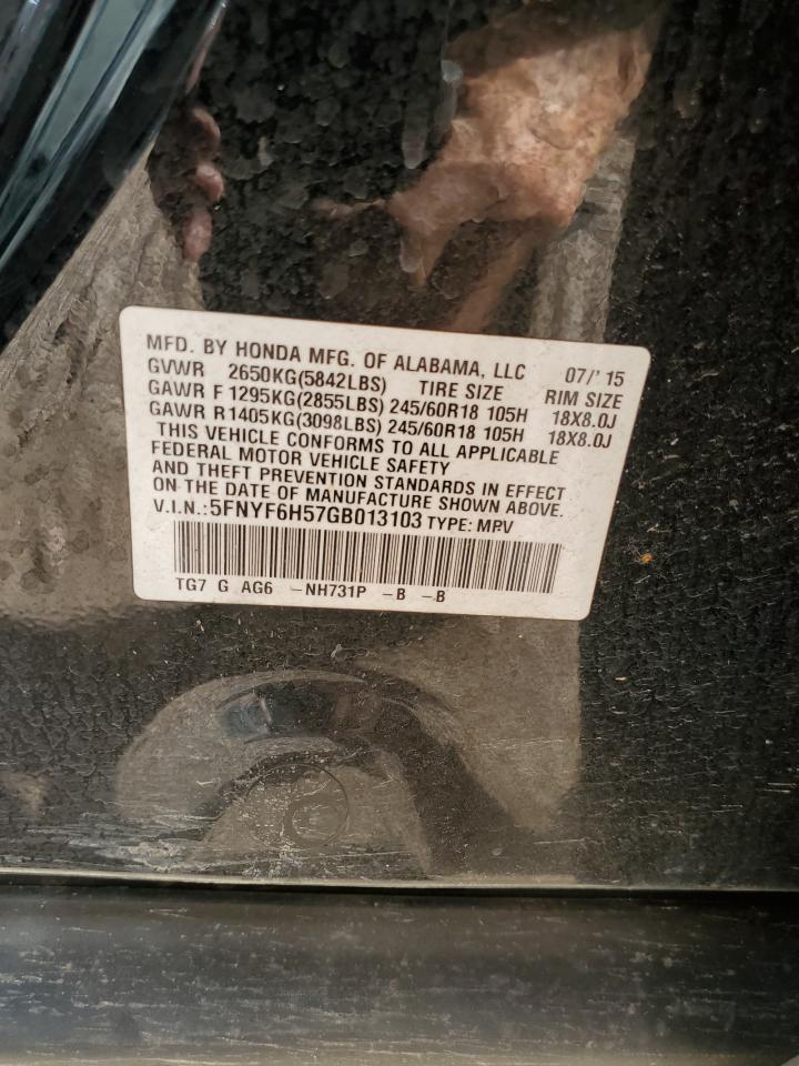 2016 Honda Pilot VIN 5FNYF6H57GB013103 Copart auction photo, rear end damage thumbnail 13