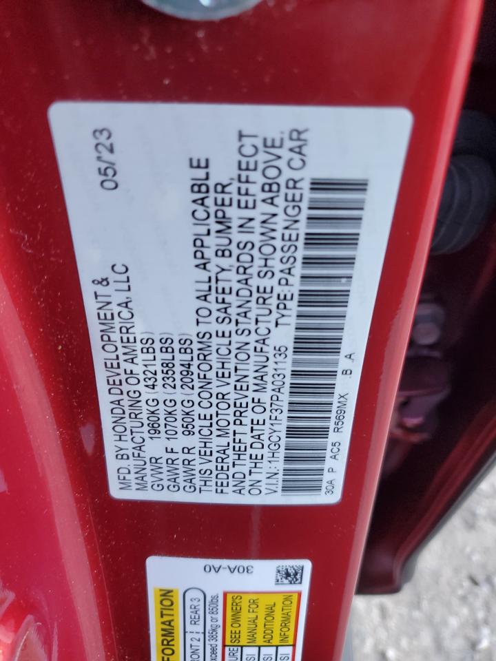 2023 Honda Accord VIN 1HGCY1F37PA031135 Copart auction photo, side damage thumbnail 13
