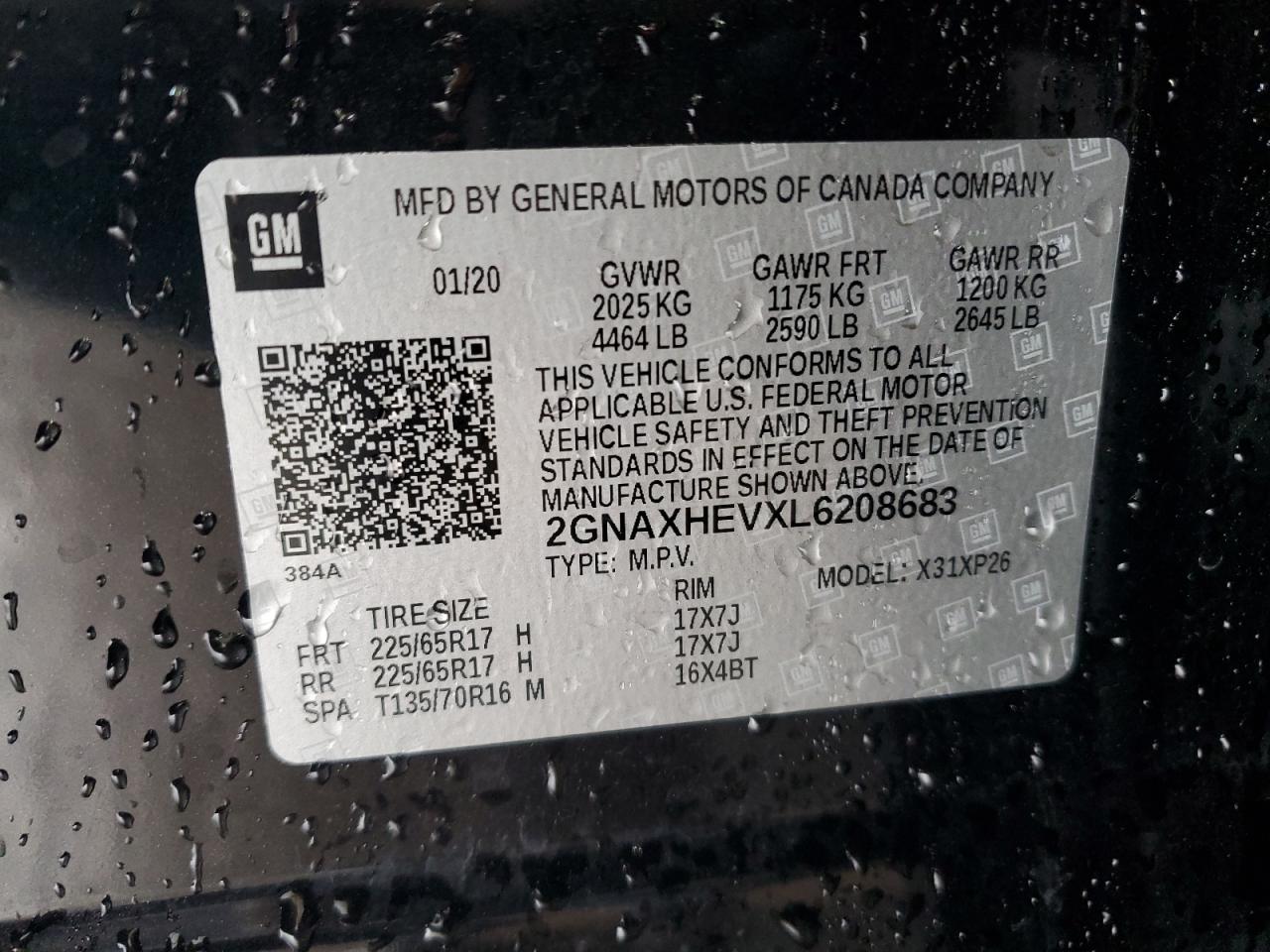 2020 Chevrolet Equinox VIN 2GNAXHEVXL6208683 Copart auction photo, front end damage thumbnail 13