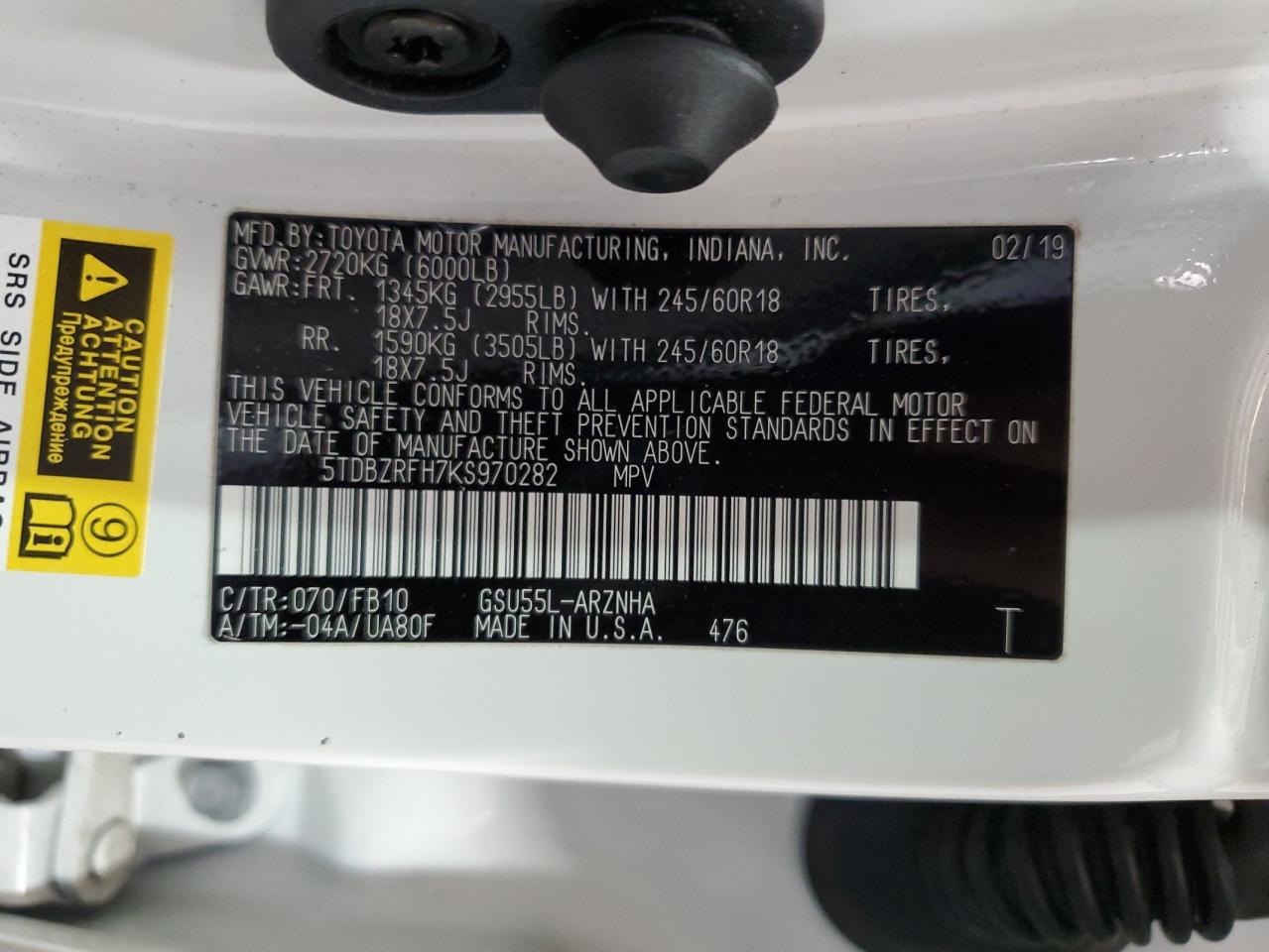 2019 Toyota Highlander VIN 5TDBZRFH7KS970282 Copart auction photo, front end damage thumbnail 15