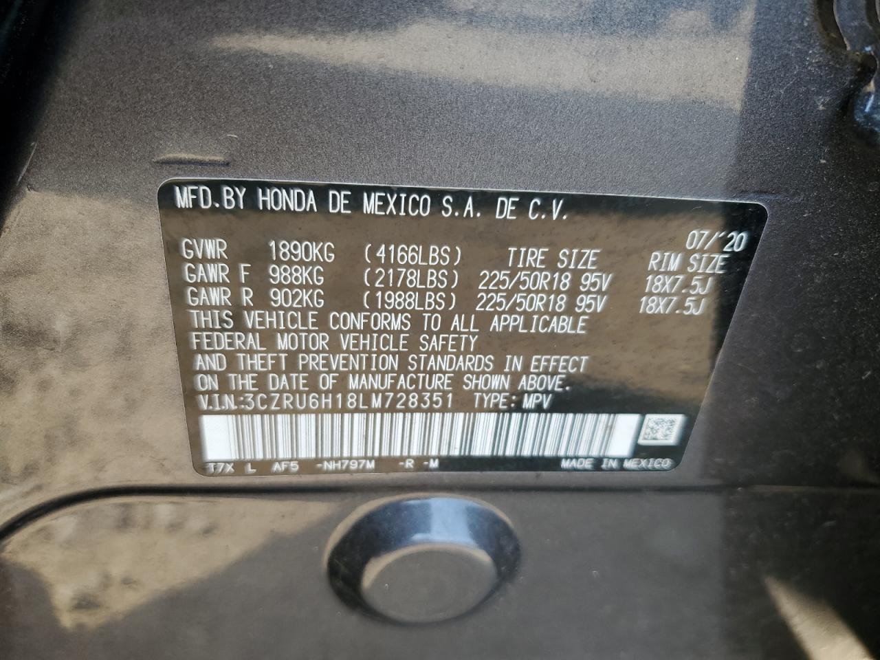 2020 Honda HR-V VIN 3CZRU6H18LM728351 Copart auction photo, rear end / minor dent/scratches damage thumbnail 13