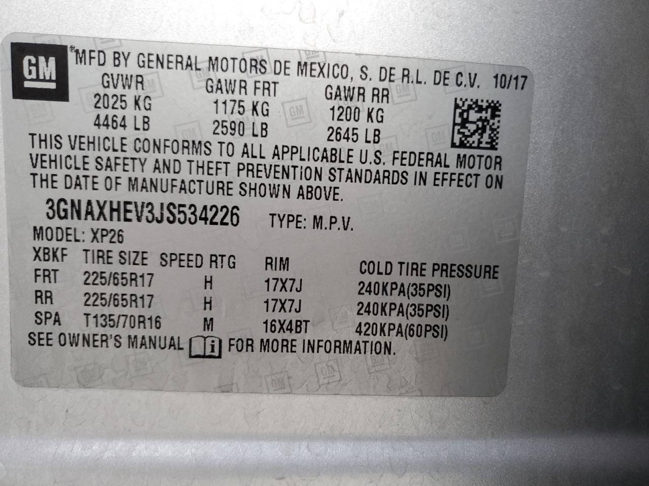 2018 Chevrolet Equinox VIN 3GNAXHEV3JS534226 Copart auction photo, rear end damage thumbnail 13