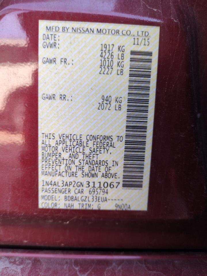 2016 Nissan Altima VIN 1N4AL3AP2GN311067 Copart auction photo, side damage thumbnail 12