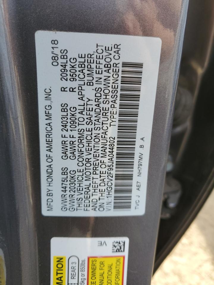 2018 Honda Accord VIN 1HGCV2F95JA044802 Copart auction photo, side damage thumbnail 12