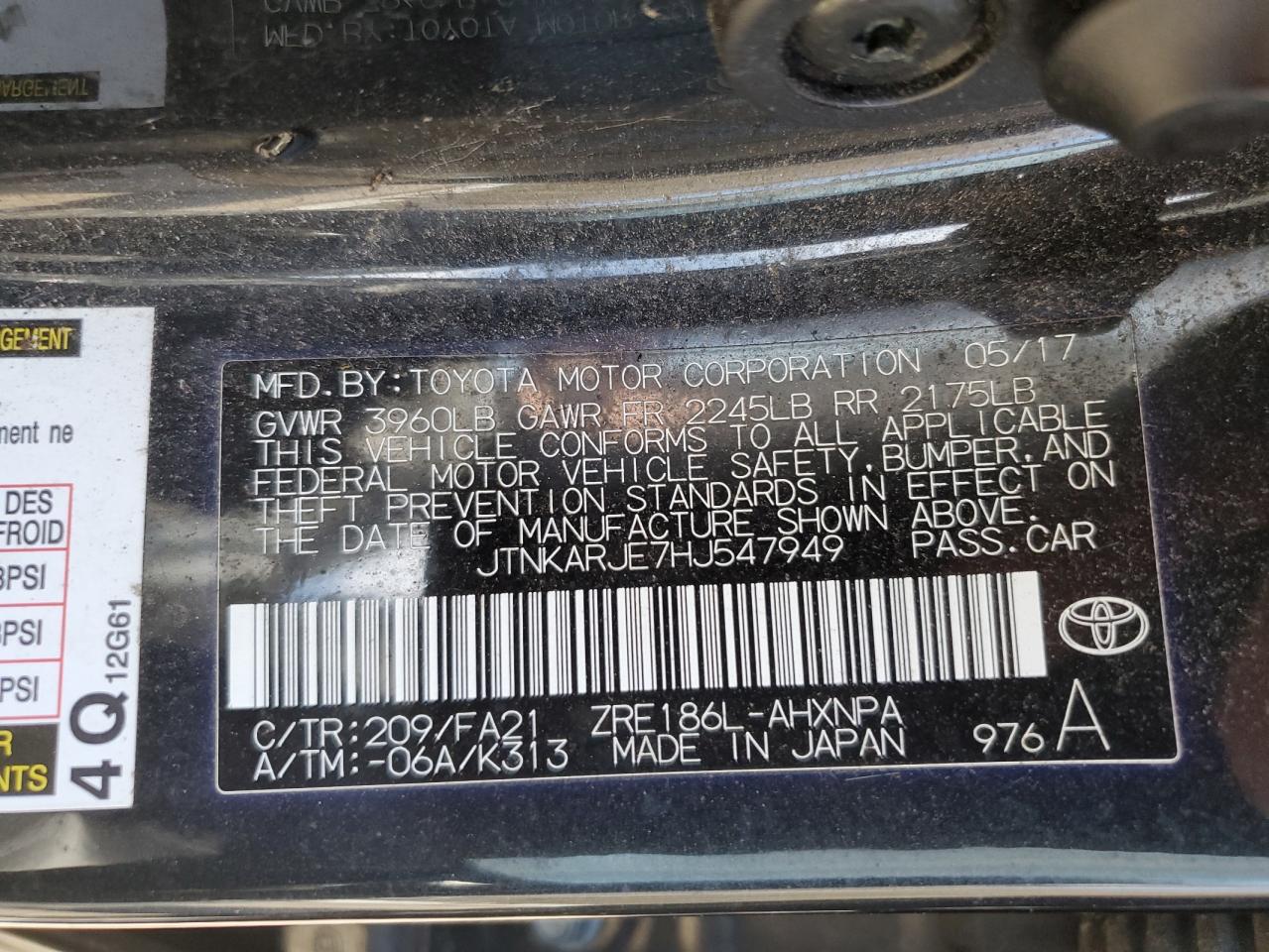 2017 Toyota Corolla VIN JTNKARJE7HJ547949 Copart auction photo, all over damage thumbnail 13