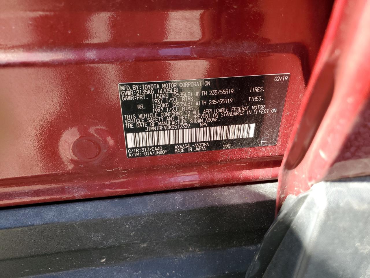 2019 Toyota RAV 4 VIN JTMN1RFV0KD512329 Copart auction photo, front end / side damage thumbnail 13