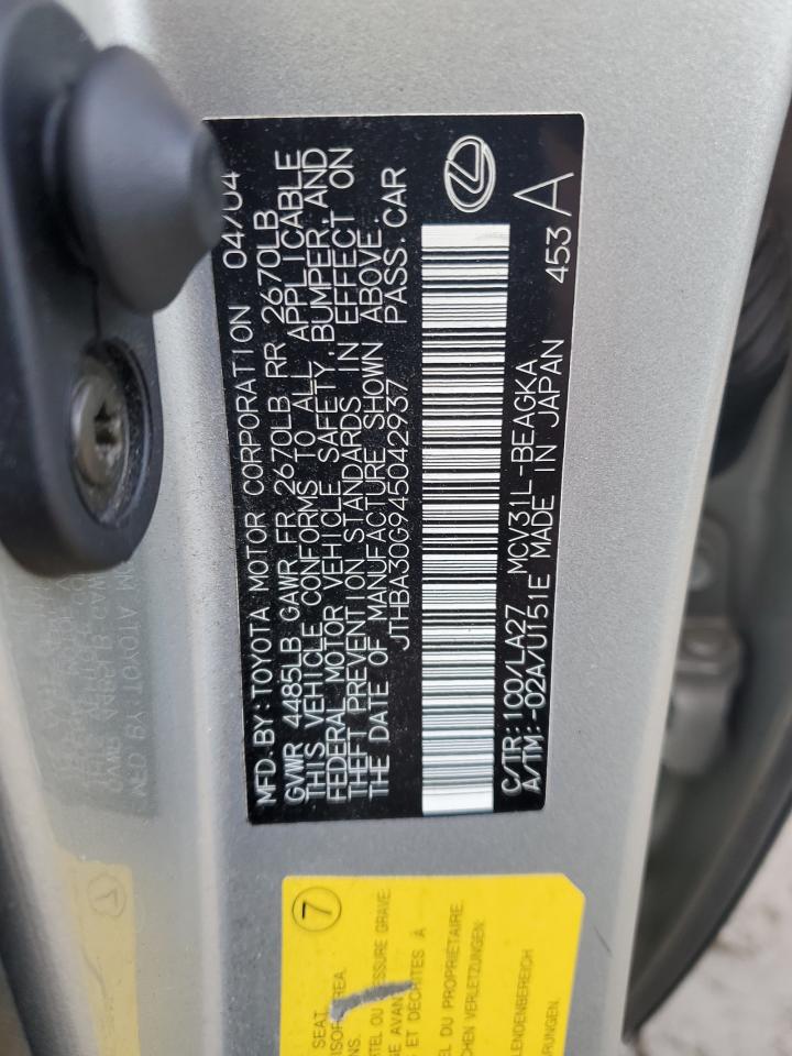 2004 Lexus ES VIN JTHBA30G945042937 Copart auction photo, rear end damage thumbnail 12