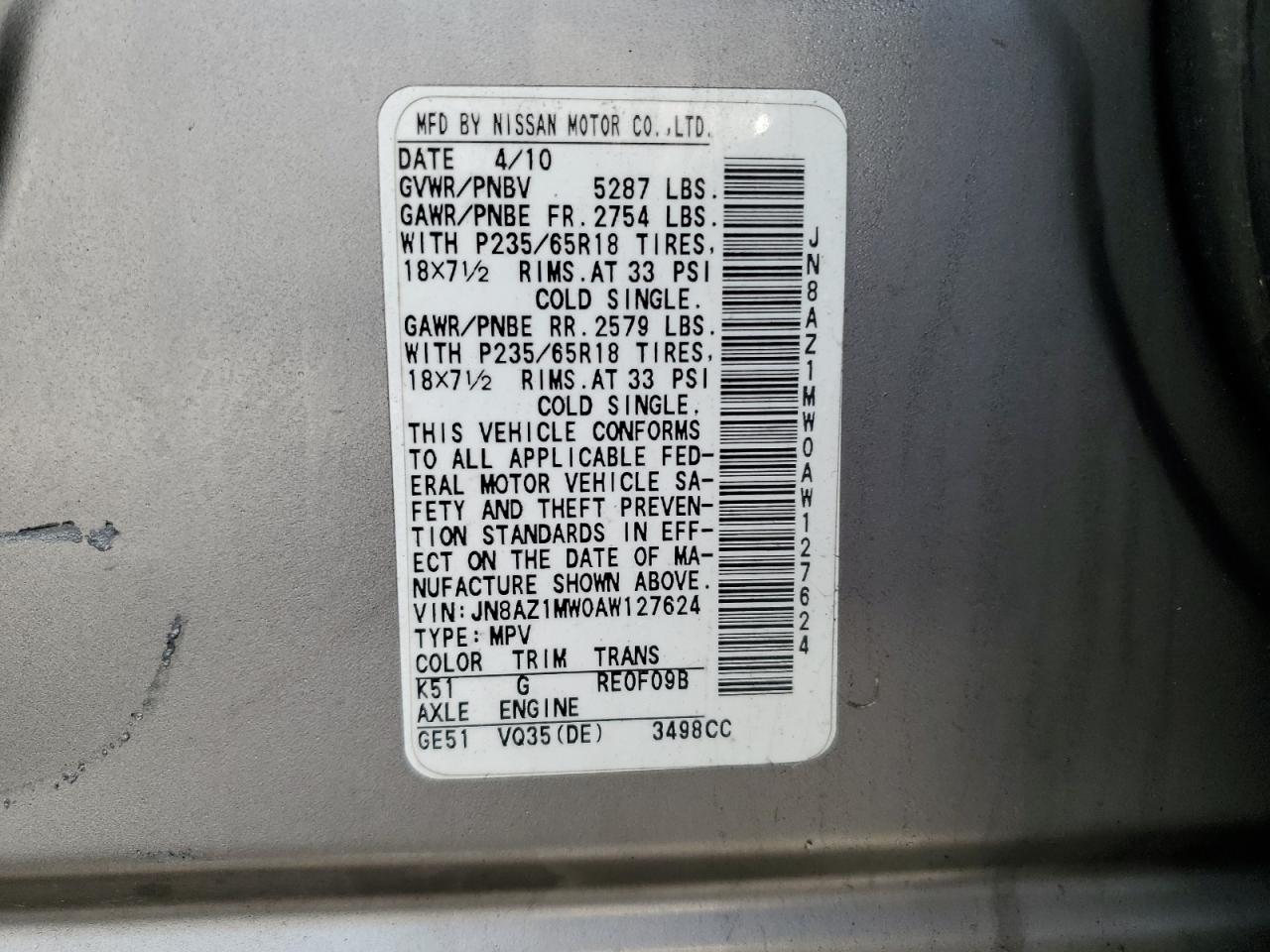 2010 Nissan Murano VIN JN8AZ1MW0AW127624 Copart auction photo, all over damage thumbnail 15