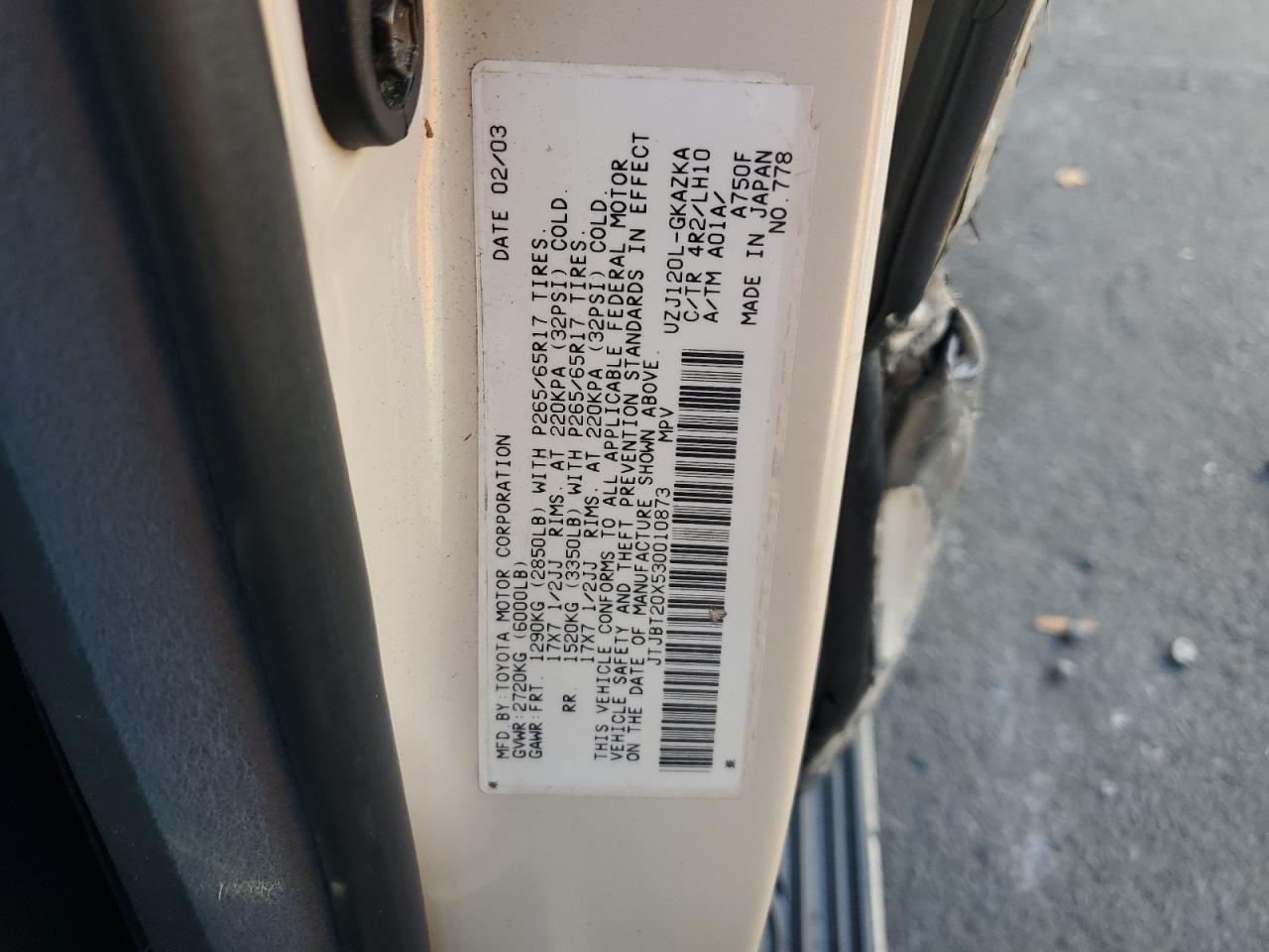 2003 Lexus GX VIN JTJBT20X530010873 Copart auction photo, top/roof / rear end damage thumbnail 14