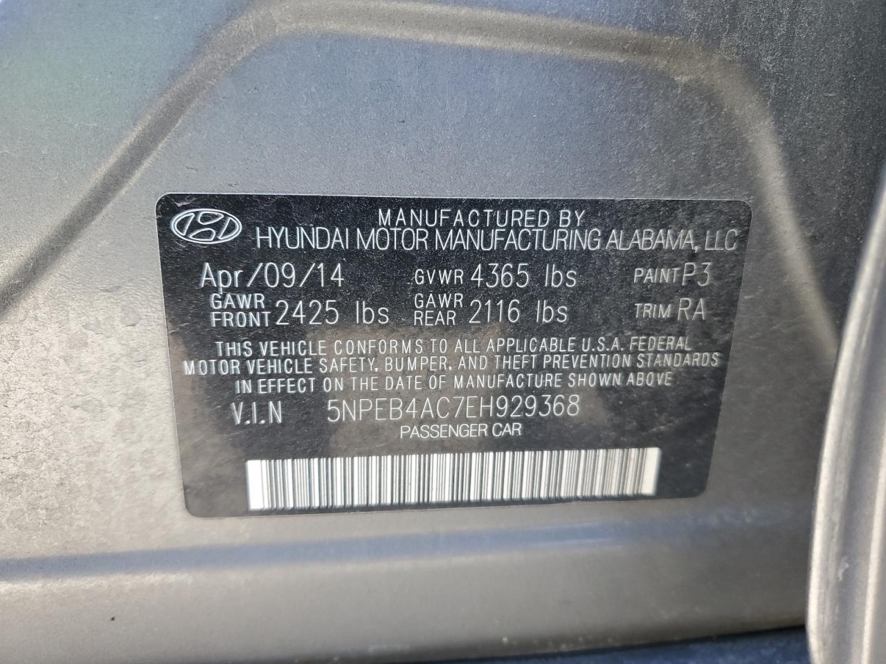 2014 Hyundai Sonata VIN 5NPEB4AC7EH929368 Copart auction photo, front end damage thumbnail 14