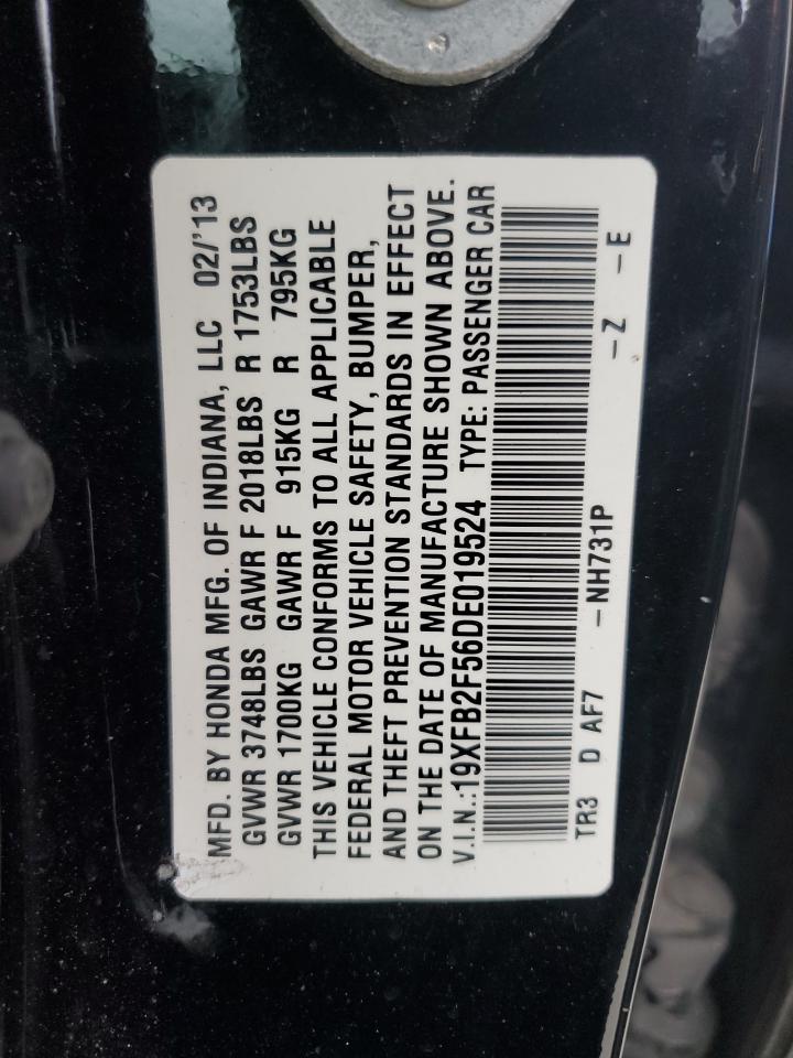 2013 Honda Civic VIN 19XFB2F56DE019524 Copart auction photo, water/flood damage thumbnail 13