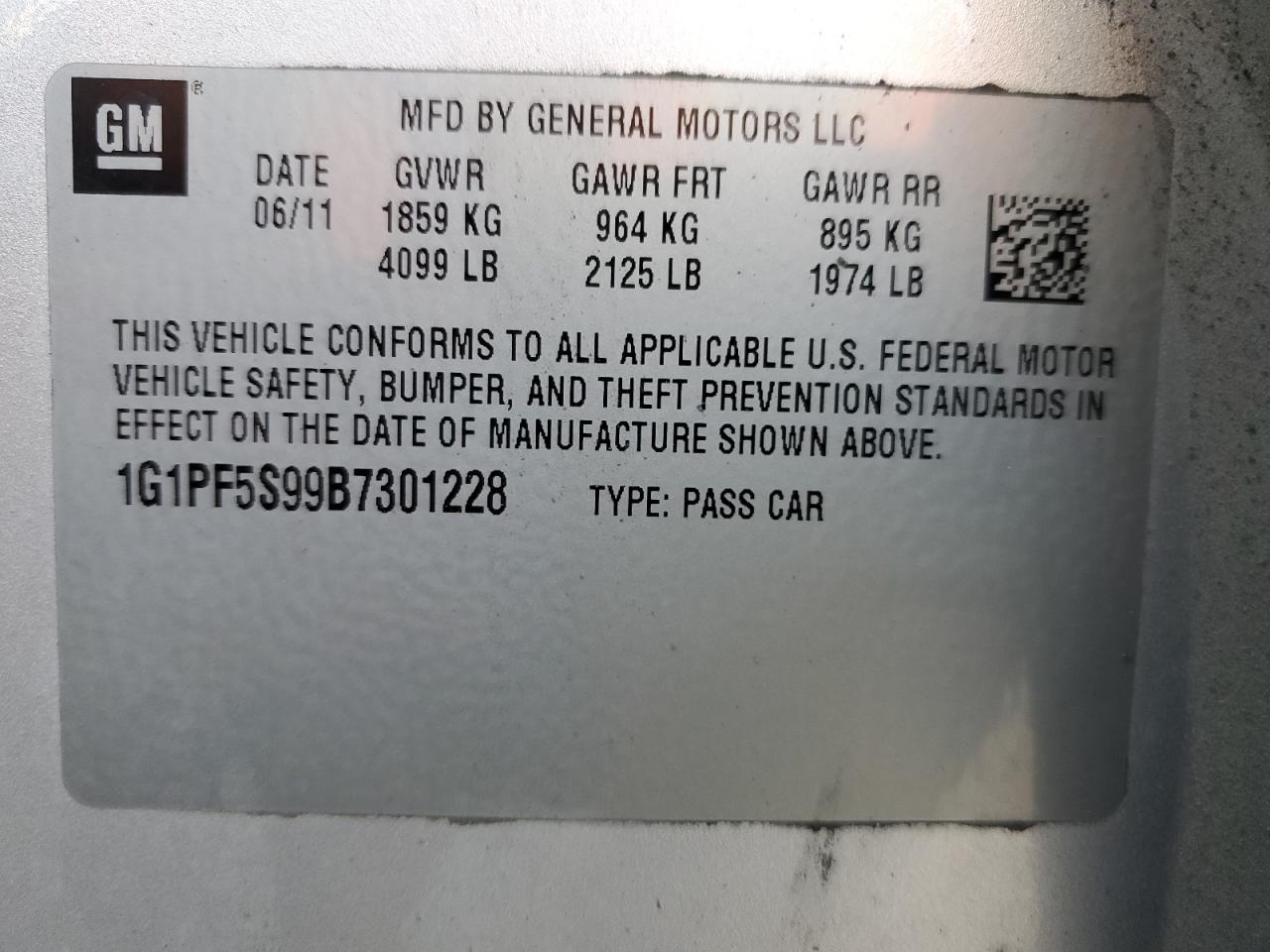 2011 Chevrolet Cruze VIN 1G1PF5S99B7301228 Copart auction photo, side / front end damage thumbnail 15