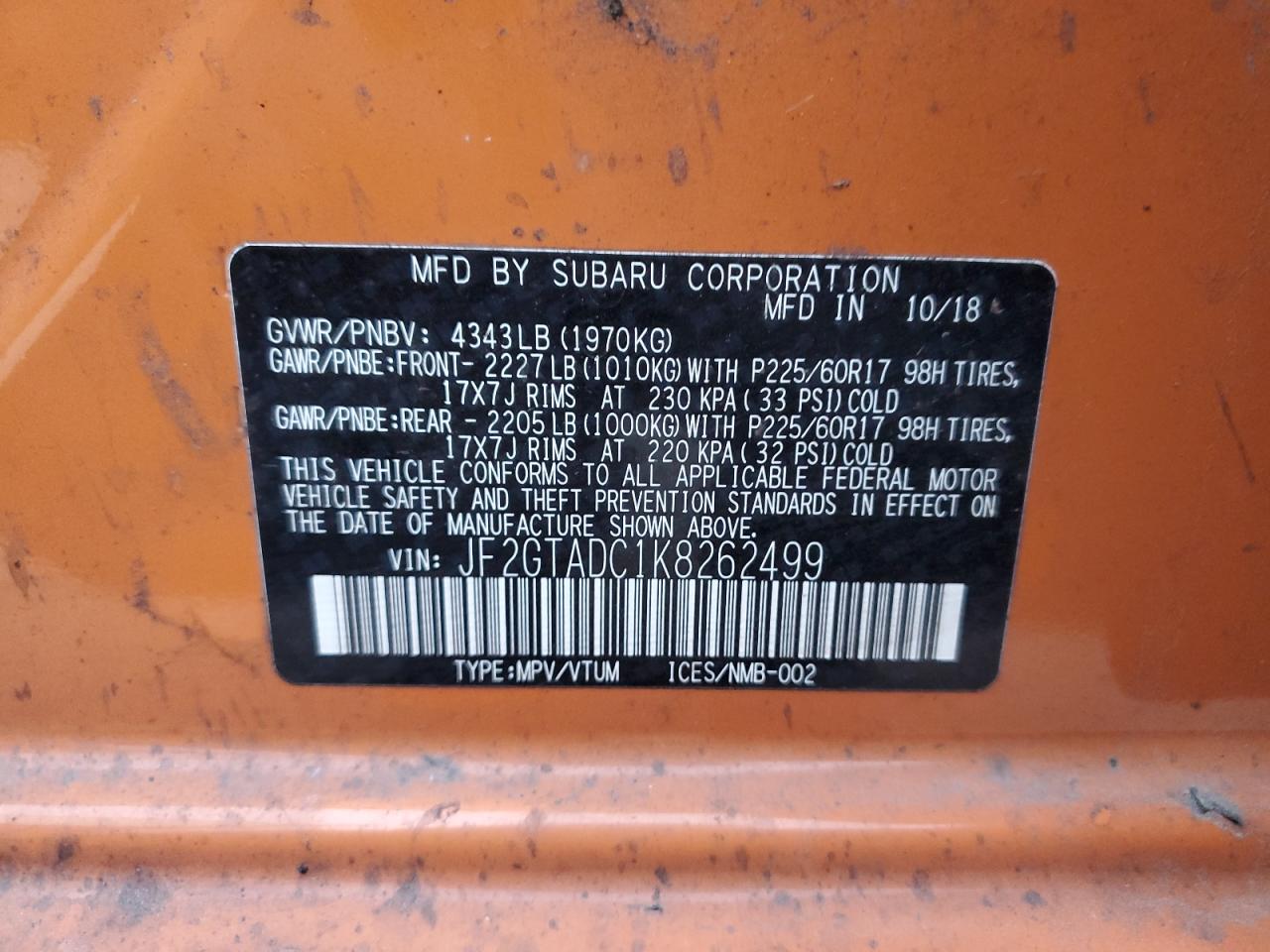 2019 Subaru XV VIN JF2GTADC1K8262499 Copart auction photo, front end / side damage thumbnail 13