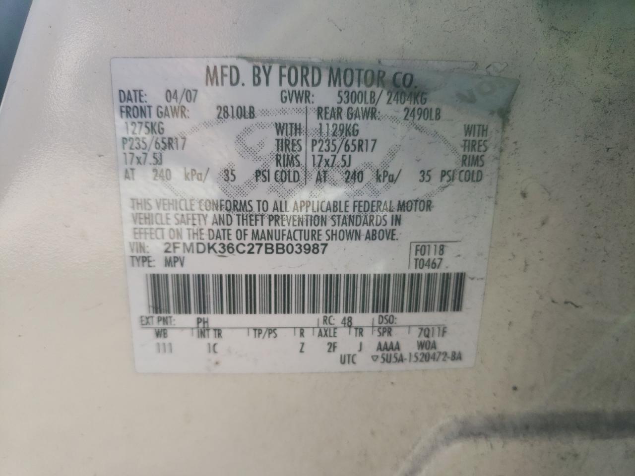 2007 Ford Edge VIN 2FMDK36C27BB03987 Copart auction photo, minor dent/scratches damage thumbnail 13