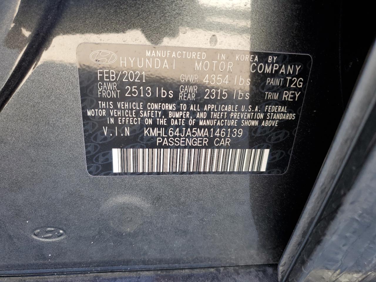 2021 Hyundai Sonata VIN KMHL64JA5MA146139 Copart auction photo, side damage thumbnail 12