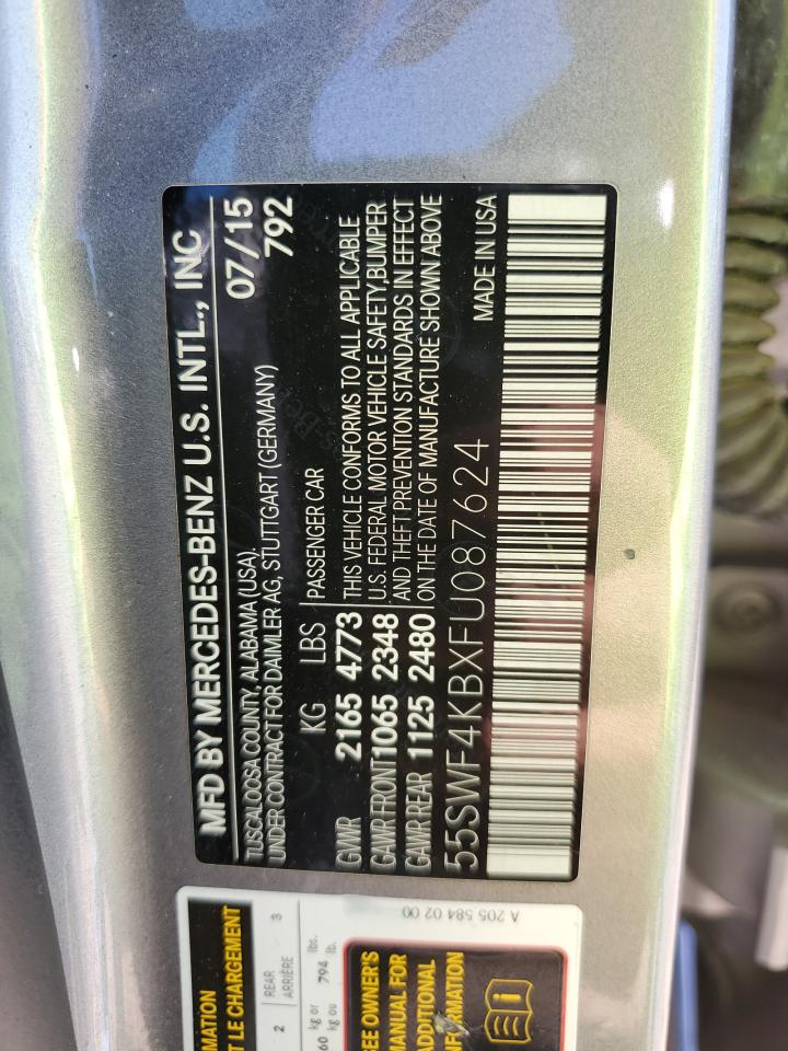 2015 Mercedes-Benz C-klasse VIN 55SWF4KBXFU087624 Copart auction photo, hail / minor dent/scratches damage thumbnail 12