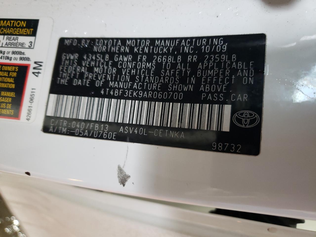 2010 Toyota Camry VIN 4T4BF3EK9AR060700 Copart auction photo, side damage thumbnail 14