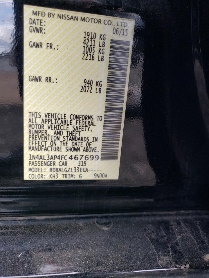 2015 Nissan Altima VIN 1N4AL3AP4FC467699 Copart auction photo, rear end damage thumbnail 12