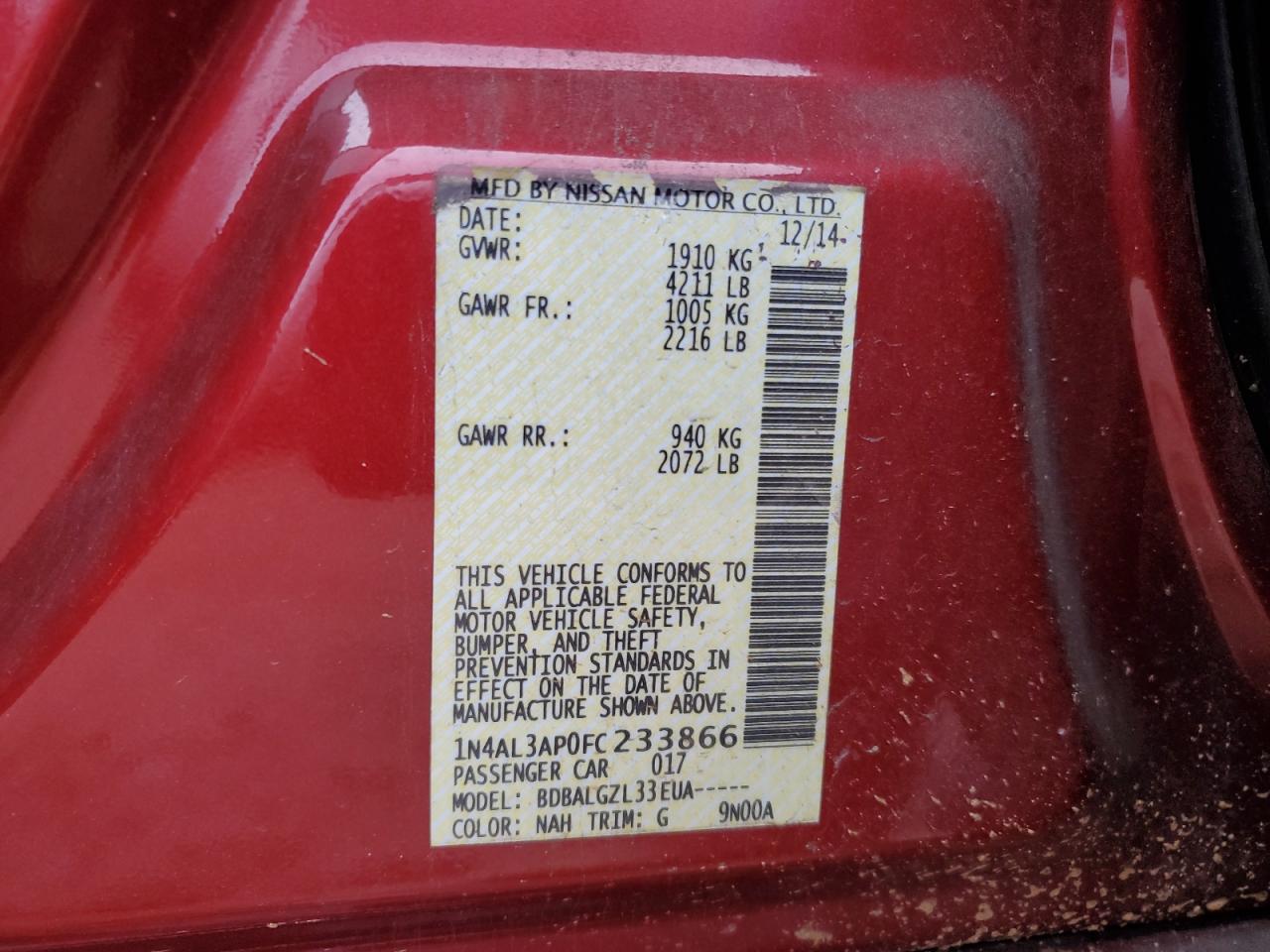 2015 Nissan Altima VIN 1N4AL3AP0FC233866 Copart auction photo, front end / side damage thumbnail 15