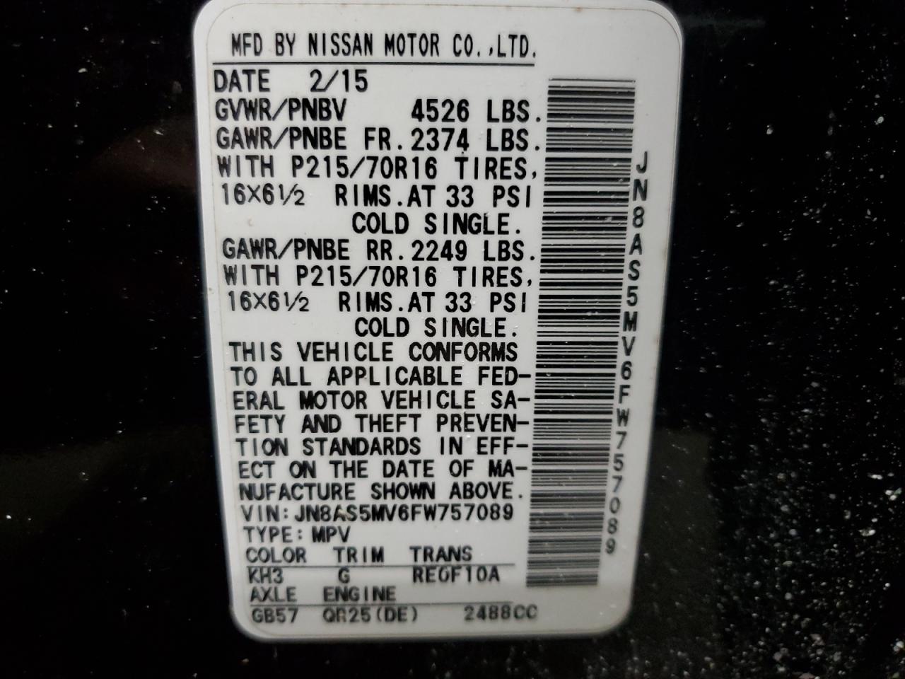 2015 Nissan Rogue VIN JN8AS5MV6FW757089 Copart auction photo, front end / minor dent/scratches damage thumbnail 14